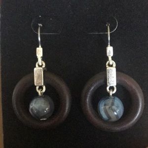 Wood, glass, and silver dangle earrings
